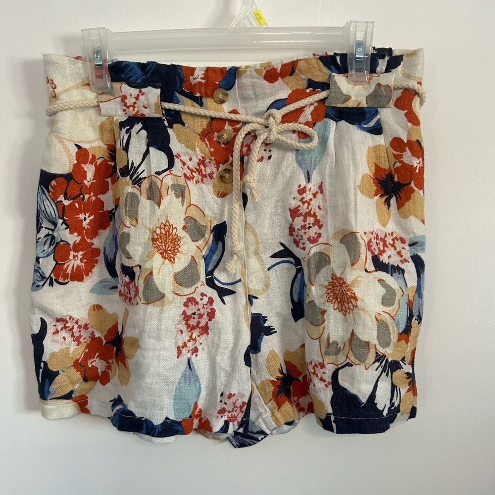 Linen Floral High Waist Women's Shorts - Multicolor